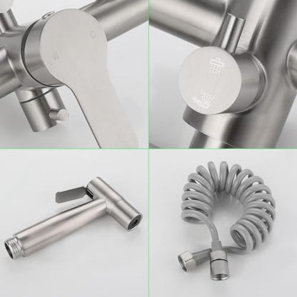 Wall Mount Kitchen Sink Faucets with Side Sprayer, Commercial Faucet, Nickel Brushed Unility Sink Faucet, Mixer Taps, 7.5-8.5 Inch Center, Spout Reach 9.2" - color: A Style, Nickel Brushed