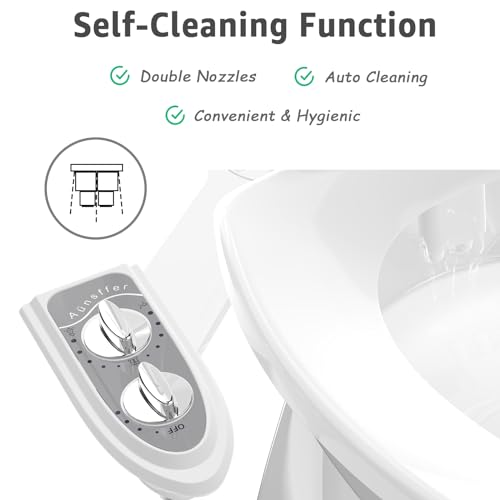 Aünsffer Bidet Attchment for Toilet Grey, Cold Water No-Electric, 3 Wash Modes [Frontal Wash + Rear Wash + Self-Cleaning]，Dual Nozzles Water Pressure Adjustable, Grey - color: Gray