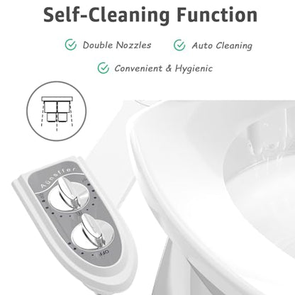 Aünsffer Bidet Attchment for Toilet Grey, Cold Water No-Electric, 3 Wash Modes [Frontal Wash + Rear Wash + Self-Cleaning]，Dual Nozzles Water Pressure Adjustable, Grey - color: Gray