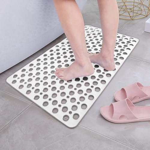 Bath Mat for Tub, 28 X 15 Inches Easy Clean Non Slip Machine Washable Large Bathroom Mat Set with Suction Cups and Drain Holes,Durable Grey Bath Mat for Home,Bathroom,Inside Shower Floor,Bathtub - color: White