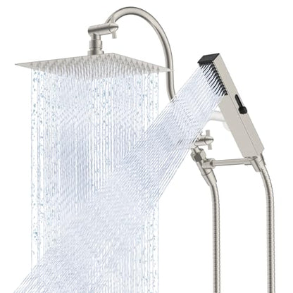 Hibbent All Metal cUPC Certified Shower Head, 8'' High Pressure Rainfall Showerhead Combo, Handheld Shower Wand, 12'' Adjustable Extension Arm, 4-Spray, 71'' Hose, Shower Holder, Brushed Nickel - color: Brushed Nickel, style: Square 8''