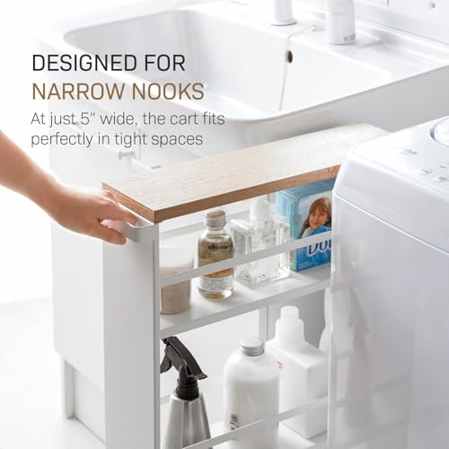 YAMAZAKI home Tower Rolling Slim Storage Cart With Handle White | Narrow kitchen storage cabinet with built-in handle. Slim rolling storage cart with wheels. Easy assembly. Keeps items tidy. - color: White