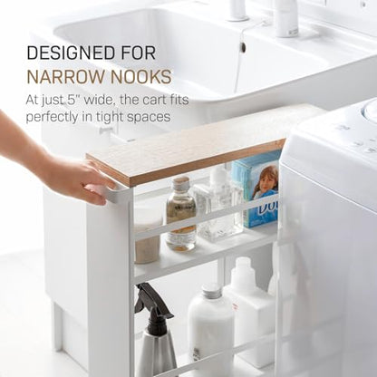 YAMAZAKI home Tower Rolling Slim Storage Cart With Handle White | Narrow kitchen storage cabinet with built-in handle. Slim rolling storage cart with wheels. Easy assembly. Keeps items tidy. - color: White