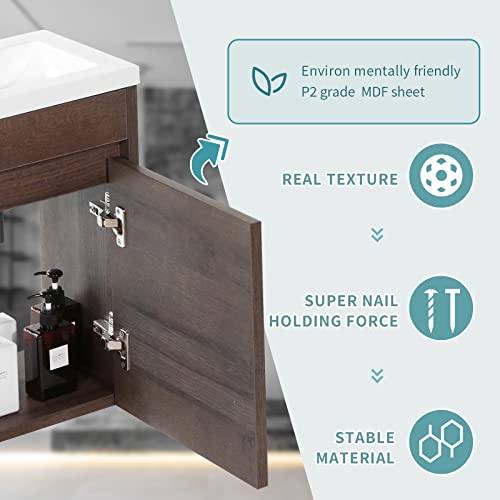 wonline 16” Bathroom Vanity Sink Combo for Small Space Wall Mounted Cabinet Set Design White Resin Basin Sink Top Chrome Faucet Wood Color - color: Brown