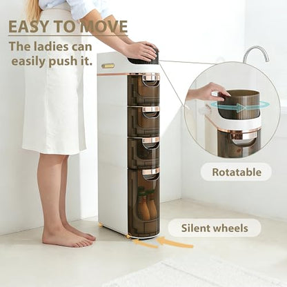 BGYMF 4-Tier Narrow Slim Bathroom Storage Cabinet,Movable,White | ABS and PP,with Wheels and Drawers,Large Storage Capacity,Water Resistant,Toilet Paper Holder,for Small Spaces - size: Slim 4 Tiers