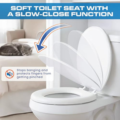 Plexon Soft Cushioned Toilet Seat, Round, White, Slow-Close Lid & Seat, Quick-Release Hinge, Easy To Clean & Change - color: White, size: Round