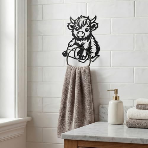 Pelopy Highland Cow Towel Holder Ring for Bathroom Cute Metal Cow Towel Hanger Wall Mounted Farmhouse Heavy Duty Hand Cloth Holder Round Washcloth Racks for Bathroom Kitchen Home Decor Gift - style: Highland Cow
