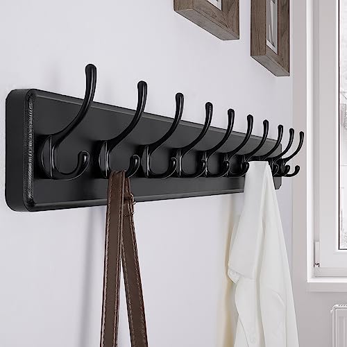 SKOLOO Rustic Wall Mounted Coat Rack, Case of 2, Pine Solid Wood Coat Hook Hanger - 10 Hooks for Hanging Clothes Robes Towels Coats - color: Black Plate & Black Hook, size: 2 Item-10 Hooks