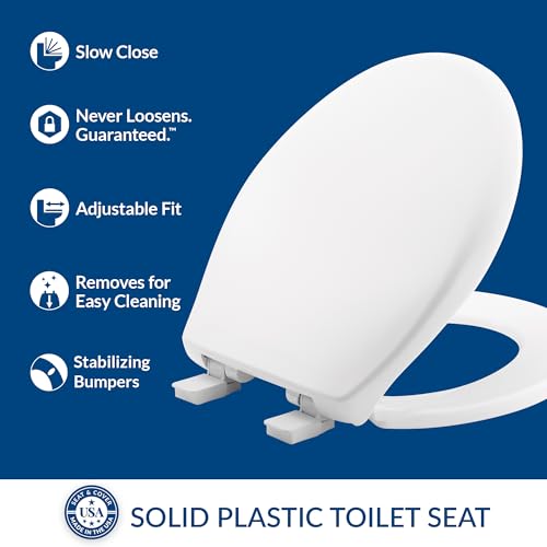 Bemis Aurora Slow Close Toilet Seat, Easy Clean Hinges and Adjustable Perfect Fit Plastic Seat, Made in USA, Round, White - color: White, size: Round