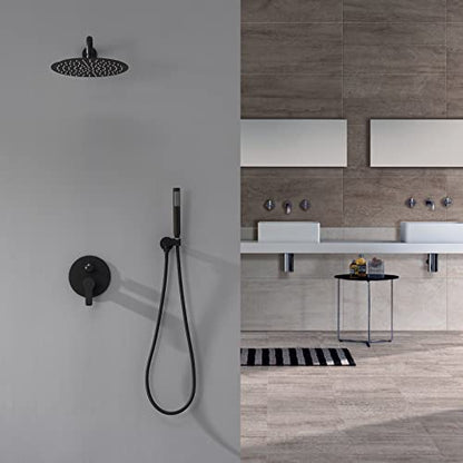 Iriber Matte black Shower System Wall Mounted Shower Faucet Mixer Set with 12 Inches Rain Shower head and Handheld, Bathroom Shower Trim Kit Contain Pressure Balance Valve - color: Matte Black 02