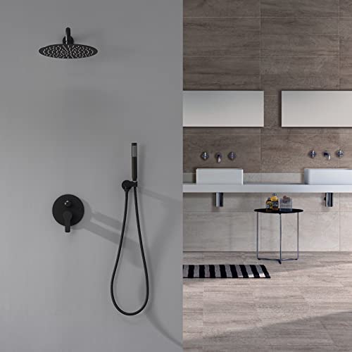 Iriber Matte black Shower System Wall Mounted Shower Faucet Mixer Set with 12 Inches Rain Shower head and Handheld, Bathroom Shower Trim Kit Contain Pressure Balance Valve - color: Matte Black 02