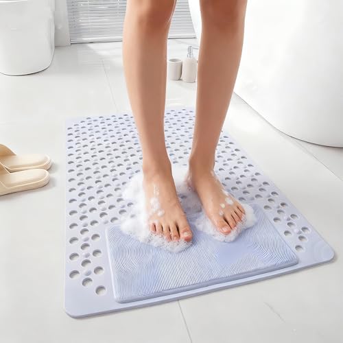 Bath Tub Shower Mat with Soft Shower Foot Scrubber Mat for Massage,Non Slip Bathtub Mat with Strong Suction Cups, Silicone Shower Foot Scrubber Mat (Dusty Blue, 27.5" X 15.7"(Rectangular)) - color: Dusty Blue, size: 27.5" x 15.7" (Rectangular)
