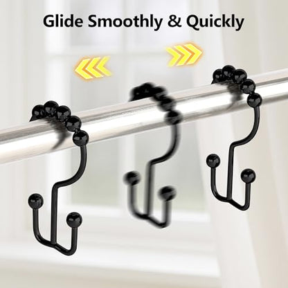 Resze 12 Pcs Shower Curtain Hooks, Metal Double Shower Curtain Rings,Black | Glide Roller Shower Hooks, Rust-Resistant Anti-Drop Shower Rings, Smooth Sliding Hooks for Bathroom Shower Rods Curtains - color: Black