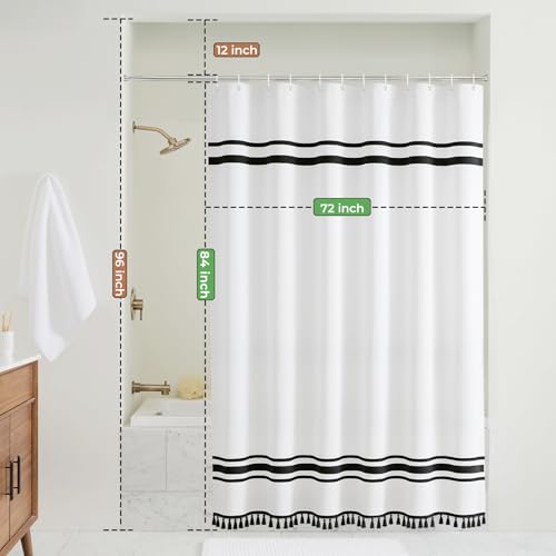 Seasonwood Extra Long Shower Curtains with Tassels,84 Inch Shower Curtain | Water-resistant fabric, textured fringe detail, modern boho styling, decorative bathroom update for tubs and showers - size: 72"W x 84"L (Pack of 1)