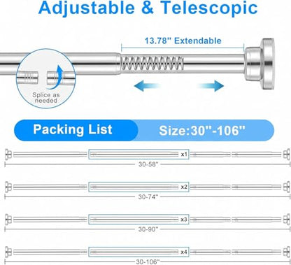 Silver Shower Curtain Rod Adjustable 30-90 Inch, 7/8"Diameter 304 Stainless Steel Never Rust Non Slip Heavy Duty Tension Rod, No-Drill Spring Curtain Rod for Bathroom Kitchen - color: Silver, size: 30-90 Inch