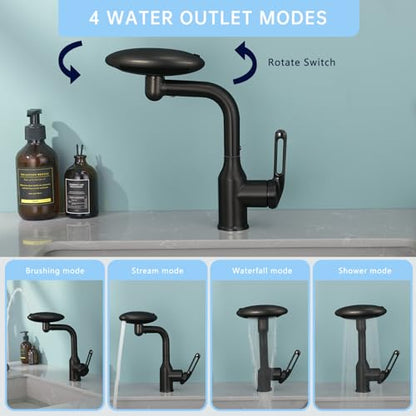 Bathroom Sink Faucet 1 Hole, Matte Black Multifunctional Basin Faucet with 4 Water Outlet Modes, Modern 360°Rotatable Bar Tap with Two Water Supply Pipes - color: Matte Black