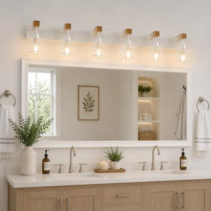 Farmhouse Vanity Light Fixture,6-Light Bathroom Lighting,White Modern Wood Wall Light Over Mirror with Metal Shade,LED Bulbs Not Included - color: White, size: 6-Light-Wide 44"