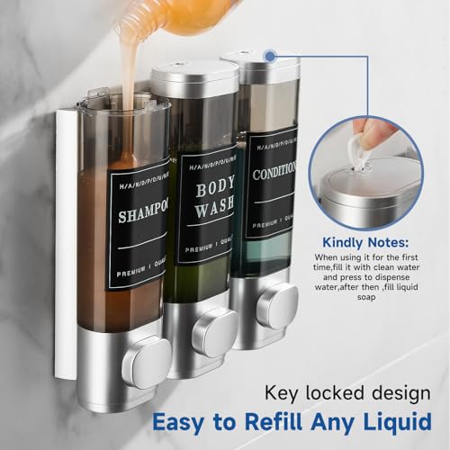 Shampoo and Conditioner Dispenser Shower Dispenser 3 Chamber No Drill Shampoo Dispenser for Shower Wall Mounted Shower Dispenser Body Wash for Bathroom Hotel Large Capacity,Silver - color: Clear Sliver