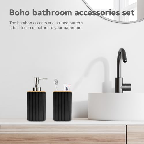 Bathroom Accessories Set, 2PCS Black Soap Dispenser and Toothbrush Holder | Bamboo Bathroom Sets Accessories, Bathroom Set Striped - color: Black