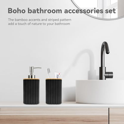 Bathroom Accessories Set, 2PCS Black Soap Dispenser and Toothbrush Holder | Bamboo Bathroom Sets Accessories, Bathroom Set Striped - color: Black