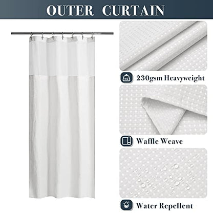 N&Y HOME Stall Waffle Weave Shower Curtain with Snap-in Liner White 36x72 | 12 Hooks & Snap on Fabric Liner, Washable, Mesh Window, Hotel Style, 36 x 72 Small Stall Size Shower Curtain Set for Bathroom - color: White, size: 36"W x 72"L (Pack of 1)