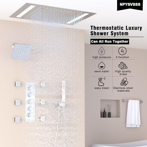 Thermostatic Shower System with 14x20 Inch Ceiling Mount LED Head & 6 Inch Wall Head and Handheld Shower 4 Function Vale with body jets Can All Run Together,Polished Chrome - color: Polished Chrome, style: 14x20 led+6 jets