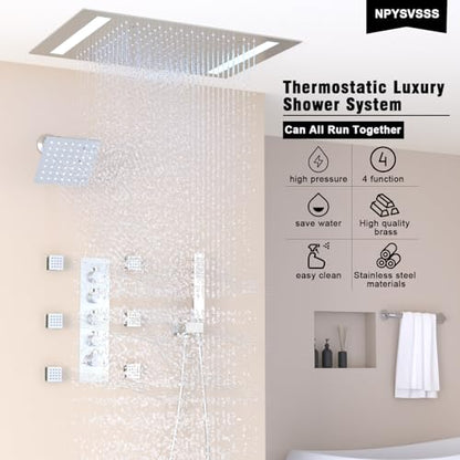 Thermostatic Shower System with 14x20 Inch Ceiling Mount LED Head & 6 Inch Wall Head and Handheld Shower 4 Function Vale with body jets Can All Run Together,Polished Chrome - color: Polished Chrome, style: 14x20 led+6 jets