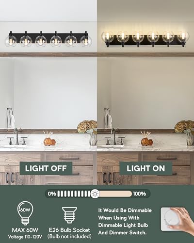 6-Light Matte Black Bathroom Vanity Light, Clear Glass Globe Shade | 38" modern bathroom light fixtures over mirror, E26 base, bulbs not included, VL195-MB-6 - color: Black, Clear Glass, size: 6-light
