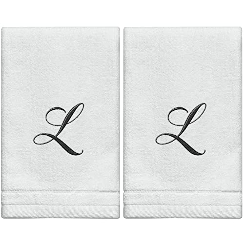 Monogrammed Towels Fingertip, Personalized Gift, 11 x 18 Inches - Set of 2- Black Embroidered Towel - Extra Absorbent 100% Cotton- Soft Velour Finish - For Bathroom/ Kitchen/ Spa- Initial L (White) - color: L