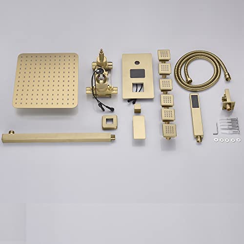Cascada Digital 12” Wall Mounted Shower System with Single Handle & LCD Display, 3 Functions (Rainfall, Body jets & Handheld) (Brushed Gold) - color: Brushed Gold