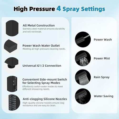 Hibbent 10'' Rainfall Shower Head with 4-mode Handheld Spray, Matte Black | cUPC Certified High Pressure Showerhead Combo, 12'' Adjustable Extension Arm, Extension Bar, Easy Reach Holder, 71'' Hose - color: Matte Black, style: Square 10''