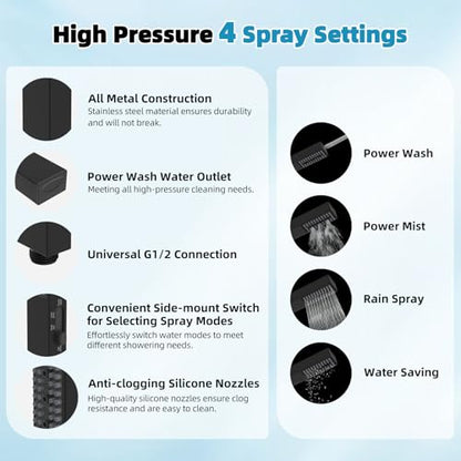 Hibbent 10'' Rainfall Shower Head with 4-mode Handheld Spray, Matte Black | cUPC Certified High Pressure Showerhead Combo, 12'' Adjustable Extension Arm, Extension Bar, Easy Reach Holder, 71'' Hose - color: Matte Black, style: Square 10''