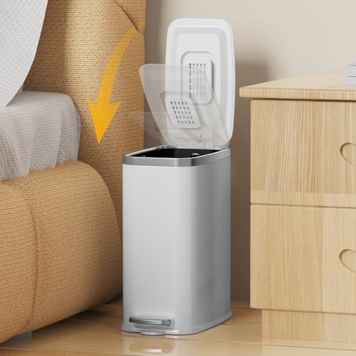 KdbK Stainless Steel Bathroom Trash Can with Lid Soft Close,1.6 Gallon Slim Garbage can,Small Metal Step Wastebasket for Office, Bedroom, Toilet, White - color: White