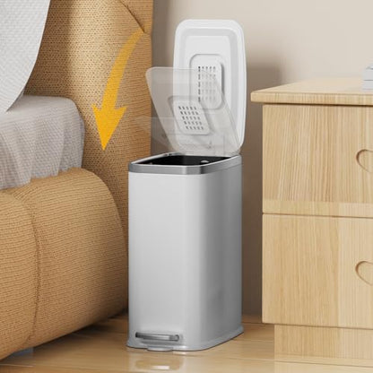 KdbK Stainless Steel Bathroom Trash Can with Lid Soft Close,1.6 Gallon Slim Garbage can,Small Metal Step Wastebasket for Office, Bedroom, Toilet, White - color: White