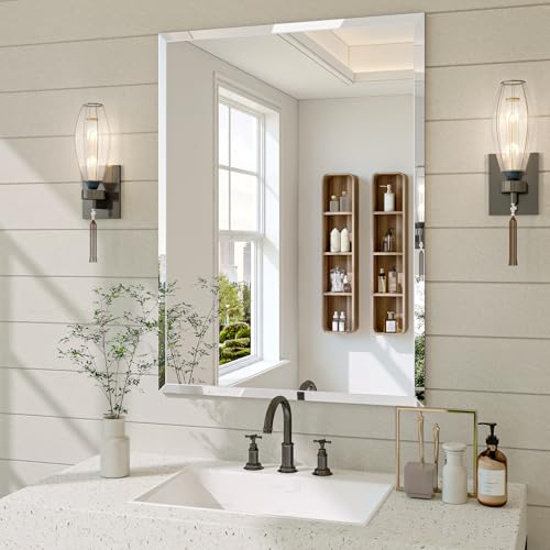Frameless Bathroom Mirror, 22" x 30" Beveled Wall Mirror | 5mm HD glass, 20mm beveled edge, frameless, anti-rust, shatterproof, french cleat, horizontally or vertically - size: 22"L x 30"W