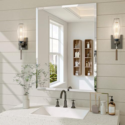 Frameless Bathroom Mirror, 22" x 30" Beveled Wall Mirror | 5mm HD glass, 20mm beveled edge, frameless, anti-rust, shatterproof, french cleat, horizontally or vertically - size: 22"L x 30"W