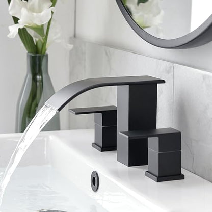 RUMOSE Bathroom Faucets Black Bathroom Sink Faucet 3 Hole with Drain | 8 inch Widespread 2 Handles Lavatory Vanity Faucet Set, Waterfall Spout, Deck Mounted, Pop Up Drain, Stainless Steel - color: Matte Black