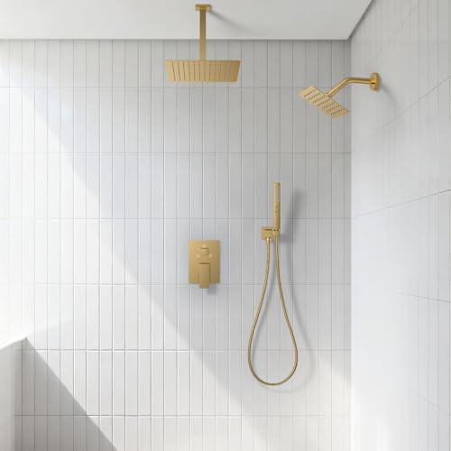 Rain Shower System 12" & 6" Dual Shower Heads Ceiling Shower Faucet Set | Ideal for bathroom remodels and upgrades with 12" rain shower, 6" angled shower, handheld spray and complete valve kit. - color: Brushed Gold, size: Ceiling Mounted - 12"+6" Shower