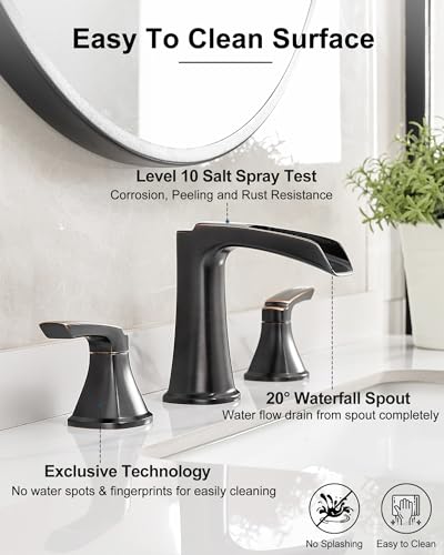 Brass Waterfall Faucet, Oil Rubbed Bronze Bathroom Sink Faucet, 4-16 Inch Widespread Bathroom Faucet, 2 Handle Bathroom Faucets for Sink 3 Hole with Overflow Pop-up Drain for Farmhouse Apartment - color: Oil Rubbed Bronze