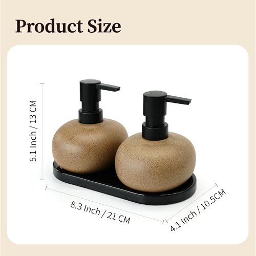 10oz Ceramic Hand Soap Dispenser, Elegant Liquid Soap Dispenser for Bathroom Countertop, Heavy & Sturdy Dish Soap Dispenser for Kitchen (Brown Set of 2 & Ceramic Tray) - color: Brown Set of 2 & Ceramic Tray