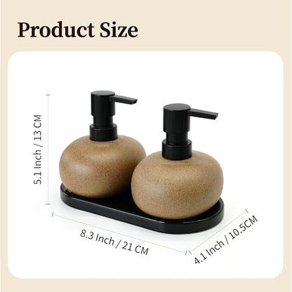 10oz Ceramic Hand Soap Dispenser, Elegant Liquid Soap Dispenser for Bathroom Countertop, Heavy & Sturdy Dish Soap Dispenser for Kitchen (Brown Set of 2 & Ceramic Tray) - color: Brown Set of 2 & Ceramic Tray
