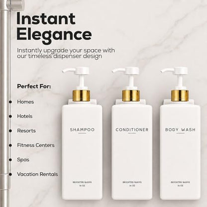 Luxury Shampoo and Conditioner Dispenser Set Wall Mounted by Brighter Barns - Refillable Shampoo Conditioner Body Wash Bottles - Wall Mounted Shower Dispenser for White and Gold Bathroom (White/Gold) - color: White/Gold