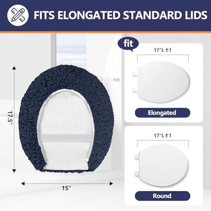 Soft Microfiber Toilet Lid Cover 17.5" x 15" Machine Washable | Solid Toilet Seat Cover Adjustable Rubber Backing Fits Most 16 -17.5" L x 14-16" W Round Oblong and Elongated Toilet Seat - color: Navy Blue