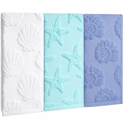 Coastal Hand Towels Set of 3,100% Cotton Seashell Starfish Decorative Ocean Towel for Summer Beach Bathroom Kitchen Decor Gift,13.8 x 29.5 Inch (White Blue Green) - color: Ocean, size: 3pcs