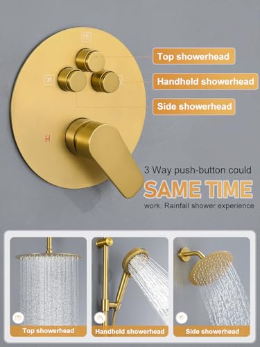 Woindo Shower Faucet Set with Slide Bar, 12" Rain Shower Head/8'' Side Shower Head and 10 Setting Handheld Ceiling Mount 3 Push Button Diverter Complete Rainfall Shower System Included Valve Trim Kit - color: Brushed Gold, style: 12"-R-Ceiling-02