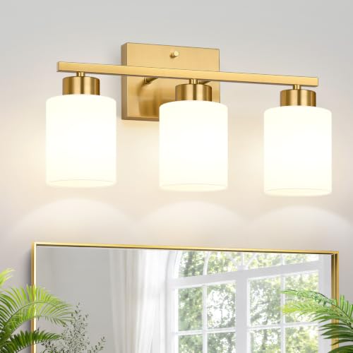 3-Light Bathroom Light Fixtures, Brushed Gold Vanity Light, Bathroom Vanity Light with Milky White Frosted Glass Shades, Bathroom Light for Mirror, Bedroom, Hallway, or Living Room - color: Brushed Gold & Milk Glass, size: 3-light