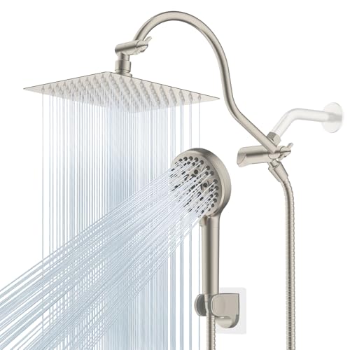 Hibbent All Metal CUPC Certified Shower Head, 8'' High Pressure Rainfall Shower Head, Handheld Showerhead Combo, 12'' Adjustable Extension Arm, 10 Sprays, 71'' Hose, Showerhead Holder, Brushed Nickel - color: Brushed Nickel, style: Square 8''
