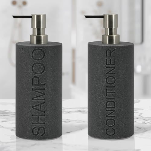 Resin 2 Pack Shampoo, Conditioner or Body Wash Dispenser Set, Luxurious Refillable Pump Bottles with Matte Pump Top and Embossed Text, Durable Design for Bathroom and Shower - color: Gray Shampoo & Conditioner