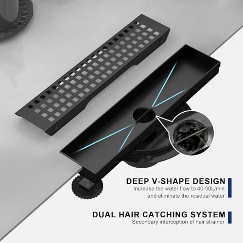 18 Inch Linear Shower Drain - Matte Black, with Removable Grate | AISI 304 Stainless Steel Shower Drain, Long Rectangle Shower Floor Drain with Adjustable Feet, Fits Bathroom & Balcony etc - color: Matte Black, size: 18 in