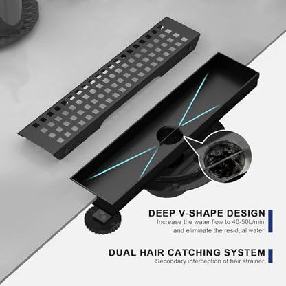 18 Inch Linear Shower Drain - Matte Black, with Removable Grate | AISI 304 Stainless Steel Shower Drain, Long Rectangle Shower Floor Drain with Adjustable Feet, Fits Bathroom & Balcony etc - color: Matte Black, size: 18 in